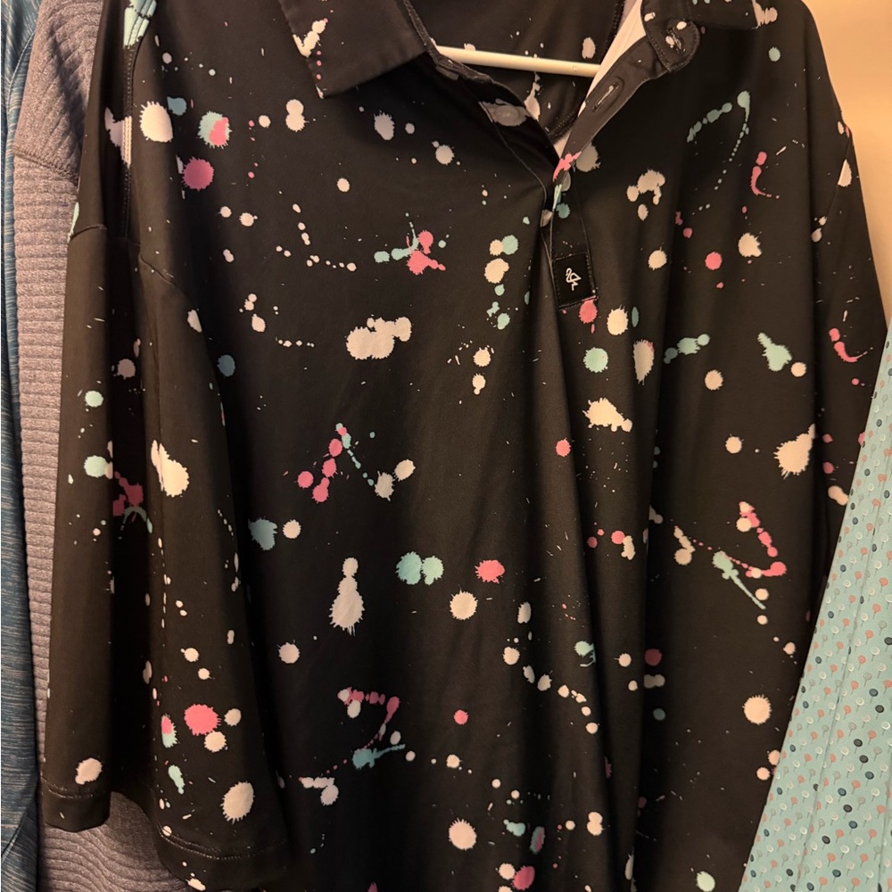 Black Paint-Splatter Polo with Mint & Pink Accents